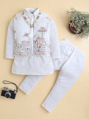 Boys white pure cotton heritage embroidered kurta pyjama set with waistcoat & necklace 1