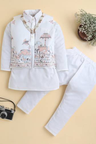 Boys white pure cotton heritage embroidered kurta pyjama set with waistcoat & necklace