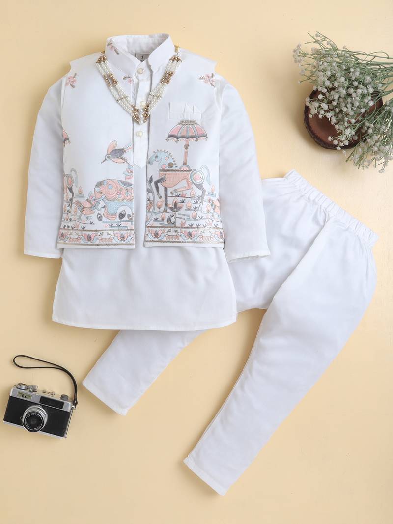 Boys white pure cotton heritage embroidered kurta pyjama set with waistcoat & necklace