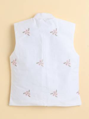 Boys white pure cotton heritage embroidered kurta pyjama set with waistcoat & necklace 2
