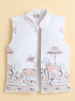 Boys white pure cotton heritage embroidered kurta pyjama set with waistcoat & necklace 3