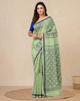 light green texture pattern cotton blend handspun soft saree 1