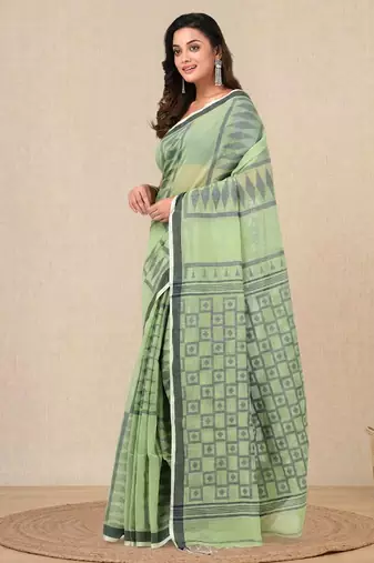 light green texture pattern cotton blend handspun soft saree