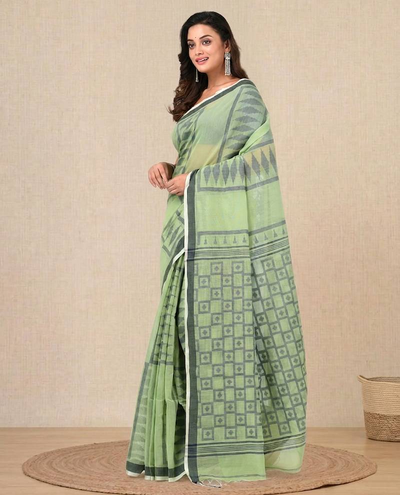 light green texture pattern cotton blend handspun soft saree