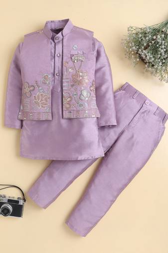 Boys mauve cotton silk floral embroidered kurta trouser set with designer waistcoat