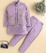 Boys mauve cotton silk floral embroidered kurta trouser set with designer waistcoat