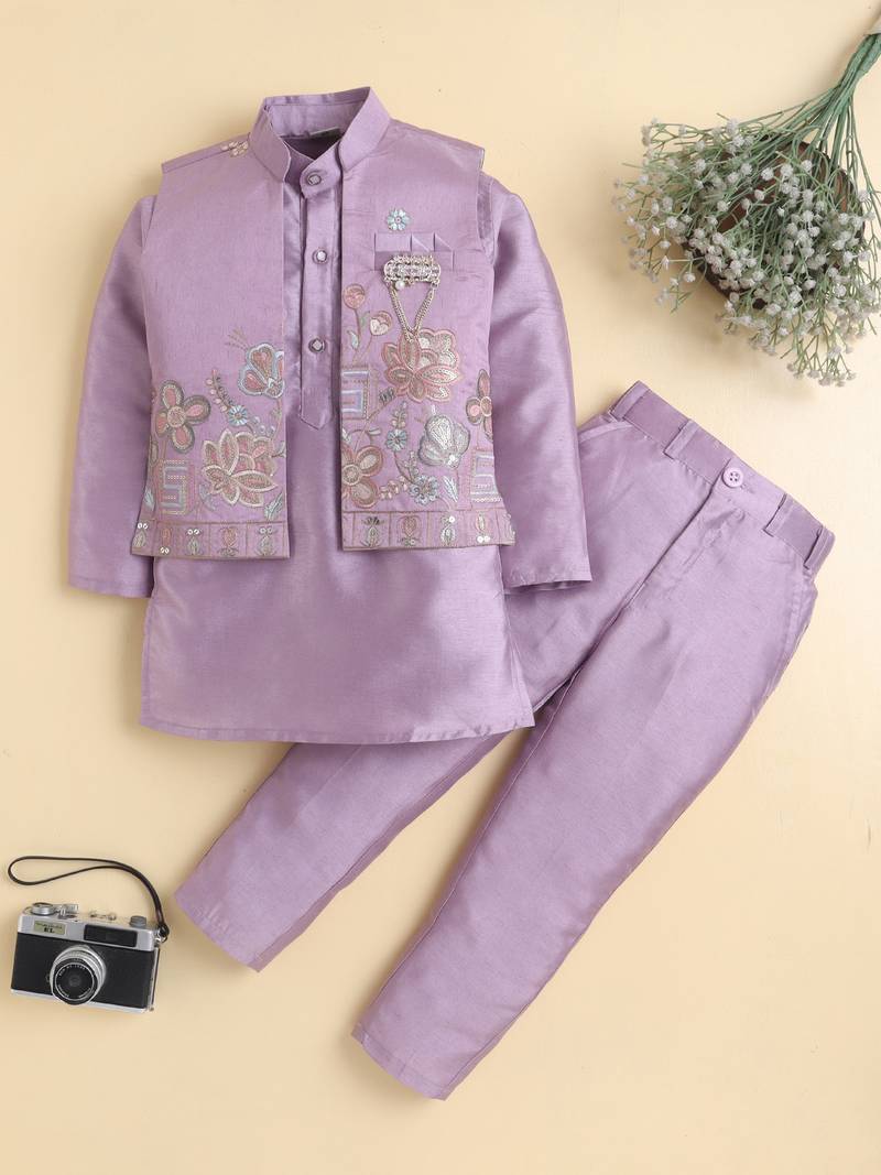 Boys mauve cotton silk floral embroidered kurta trouser set with designer waistcoat