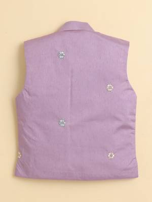 Boys mauve cotton silk floral embroidered kurta trouser set with designer waistcoat 2
