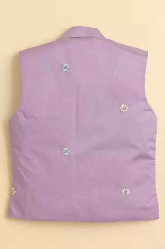 Boys mauve cotton silk floral embroidered kurta trouser set with designer waistcoat