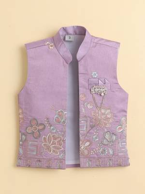 Boys mauve cotton silk floral embroidered kurta trouser set with designer waistcoat 3