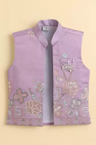 Boys mauve cotton silk floral embroidered kurta trouser set with designer waistcoat