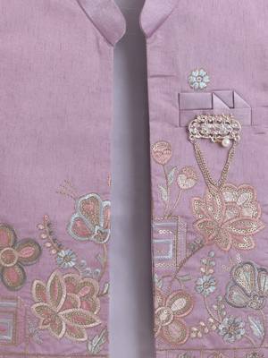 Boys mauve cotton silk floral embroidered kurta trouser set with designer waistcoat 4