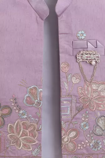 Boys mauve cotton silk floral embroidered kurta trouser set with designer waistcoat
