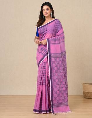 pink texture pattern cotton blend handspun soft saree 1