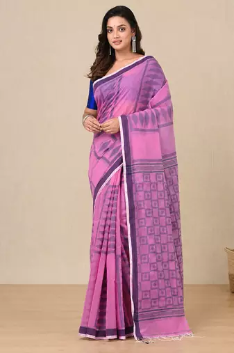 pink texture pattern cotton blend handspun soft saree
