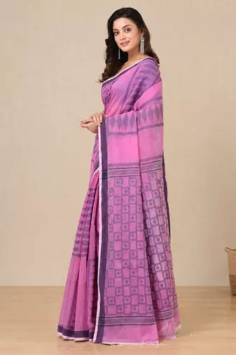 pink texture pattern cotton blend handspun soft saree