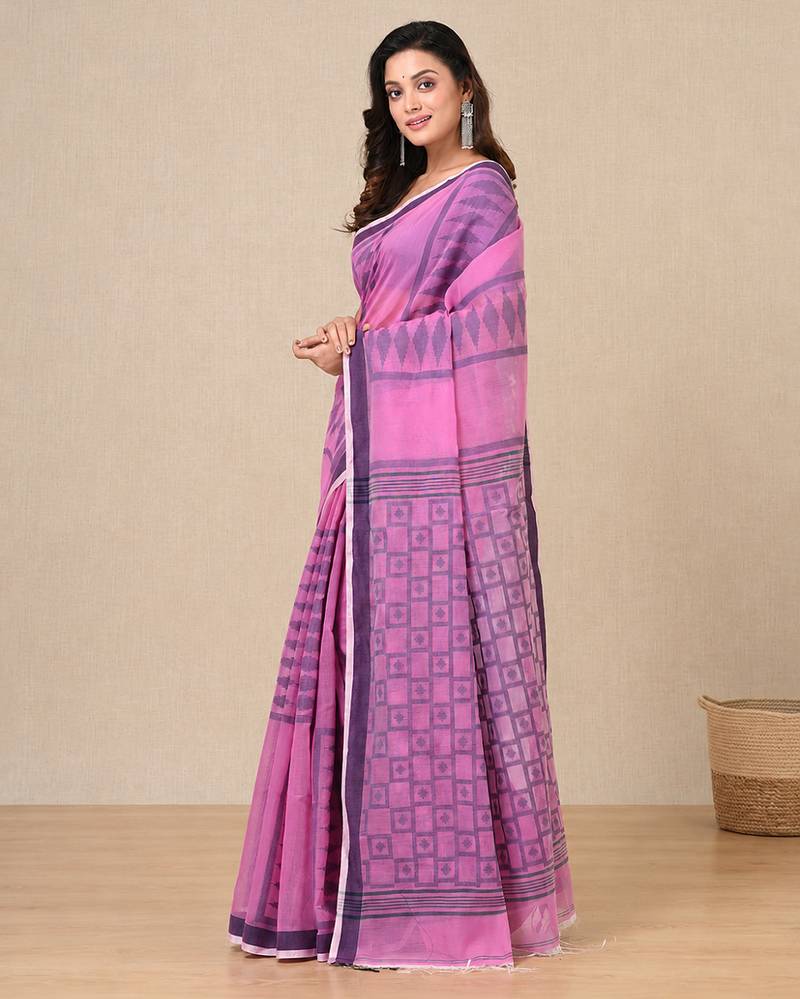 pink texture pattern cotton blend handspun soft saree