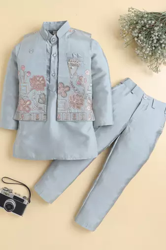 Boys sea green cotton silk floral embroidered kurta trouser set with designer waistcoat