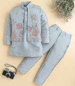 Boys sea green cotton silk floral embroidered kurta trouser set with designer waistcoat