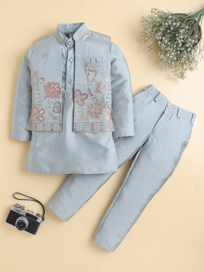 Boys sea green cotton silk floral embroidered kurta trouser set with designer waistcoat