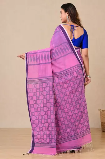 pink texture pattern cotton blend handspun soft saree