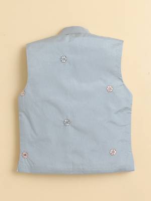 Boys sea green cotton silk floral embroidered kurta trouser set with designer waistcoat 2