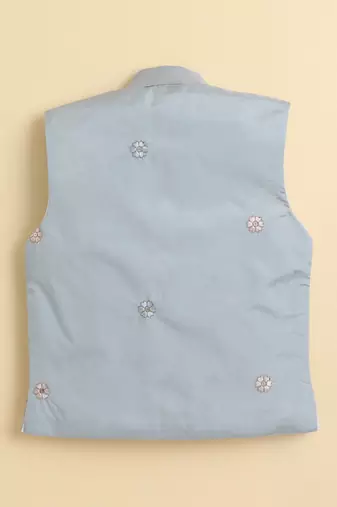 Boys sea green cotton silk floral embroidered kurta trouser set with designer waistcoat