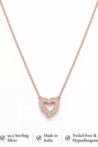 925 Sterling Silver Rose Gold Plated Open Heart CZ Pendant Necklace Set  for Women