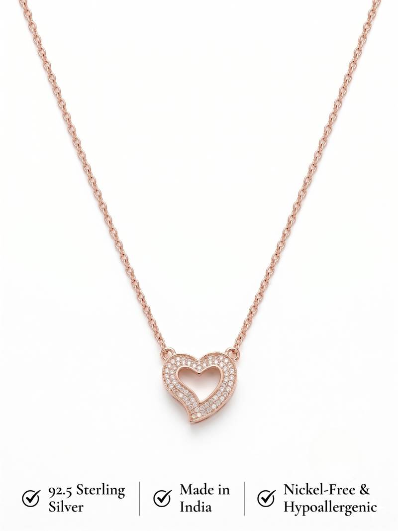 925 Sterling Silver Rose Gold Plated Open Heart CZ Pendant Necklace Set  for Women