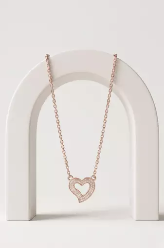 925 Sterling Silver Rose Gold Plated Open Heart CZ Pendant Necklace Set  for Women