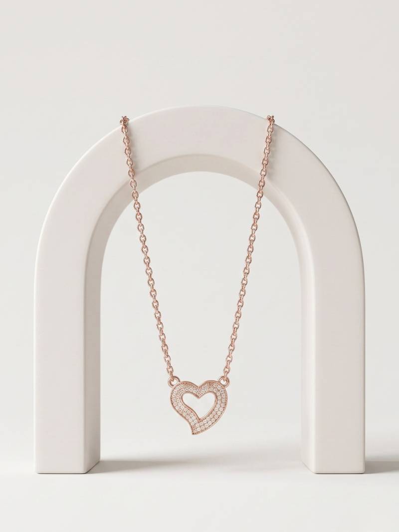 925 Sterling Silver Rose Gold Plated Open Heart CZ Pendant Necklace Set  for Women