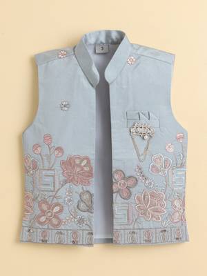 Boys sea green cotton silk floral embroidered kurta trouser set with designer waistcoat 3