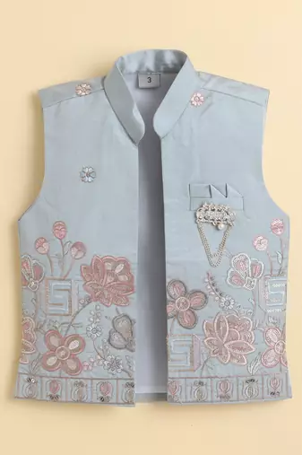 Boys sea green cotton silk floral embroidered kurta trouser set with designer waistcoat