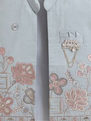 Boys sea green cotton silk floral embroidered kurta trouser set with designer waistcoat 4