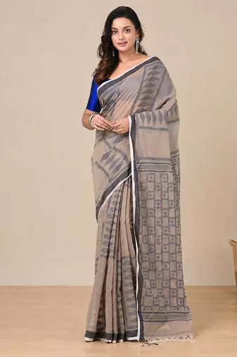 ecru texture pattern cotton blend handspun soft saree