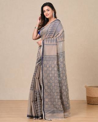 ecru texture pattern cotton blend handspun soft saree 2