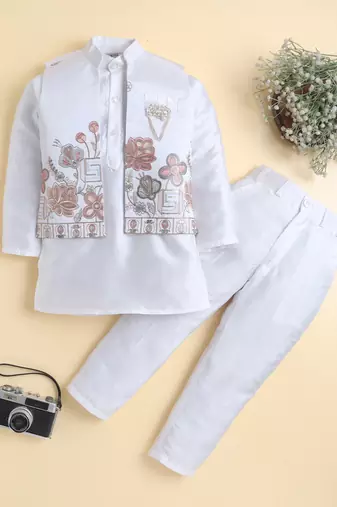 Boys white cotton silk floral embroidered kurta trouser set with designer waistcoat