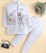 Boys white cotton silk floral embroidered kurta trouser set with designer waistcoat