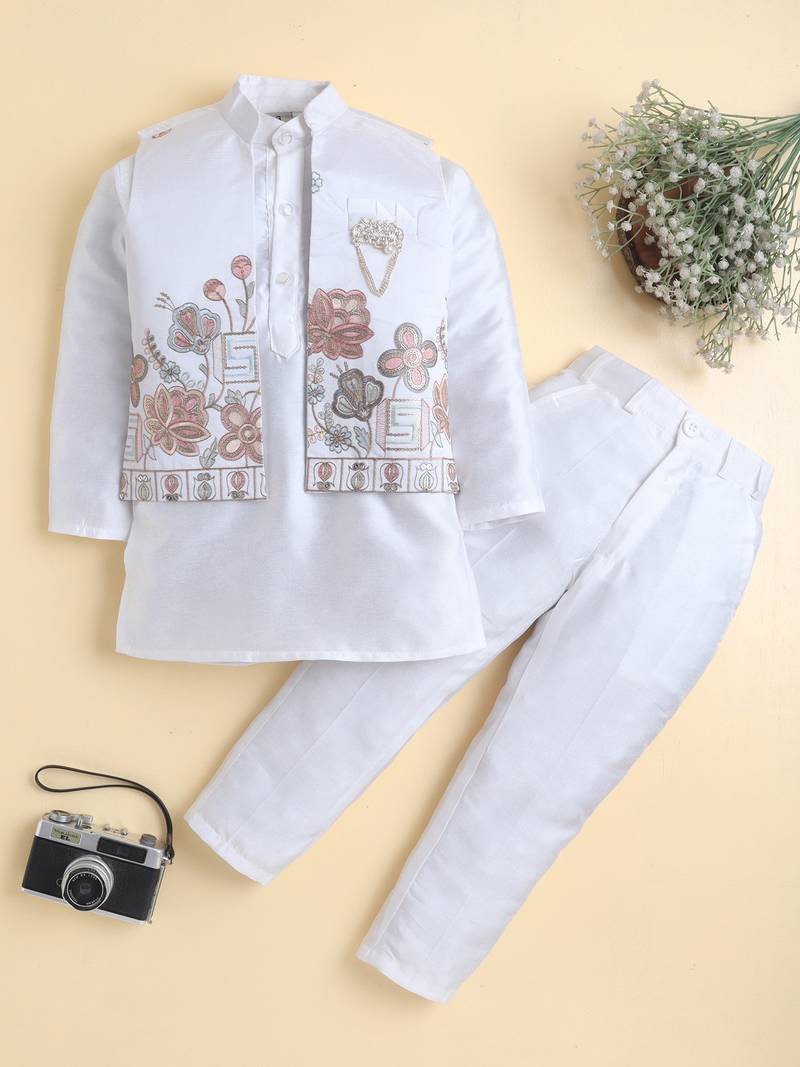 Boys white cotton silk floral embroidered kurta trouser set with designer waistcoat