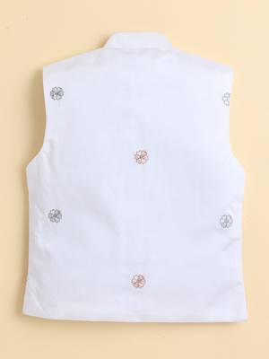 Boys white cotton silk floral embroidered kurta trouser set with designer waistcoat 2