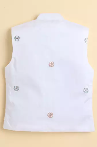 Boys white cotton silk floral embroidered kurta trouser set with designer waistcoat