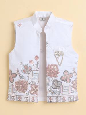Boys white cotton silk floral embroidered kurta trouser set with designer waistcoat 3