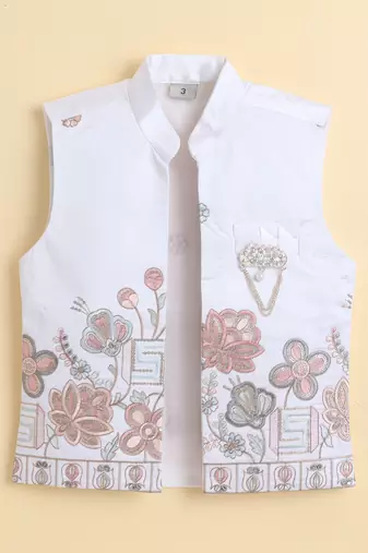 Boys white cotton silk floral embroidered kurta trouser set with designer waistcoat