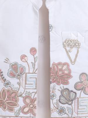 Boys white cotton silk floral embroidered kurta trouser set with designer waistcoat 4