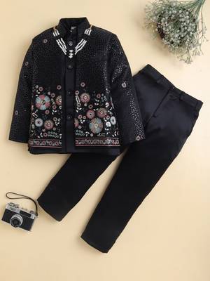 Boys black satin floral sequined embroidered sherwani & trouser set with waistcoat & necklace 1