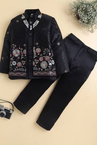Boys black satin floral sequined embroidered sherwani & trouser set with waistcoat & necklace