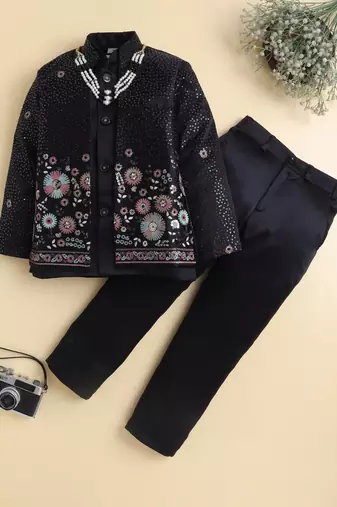 Boys black satin floral sequined embroidered sherwani & trouser set with waistcoat & necklace