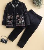 Boys black satin floral sequined embroidered sherwani & trouser set with waistcoat & necklace
