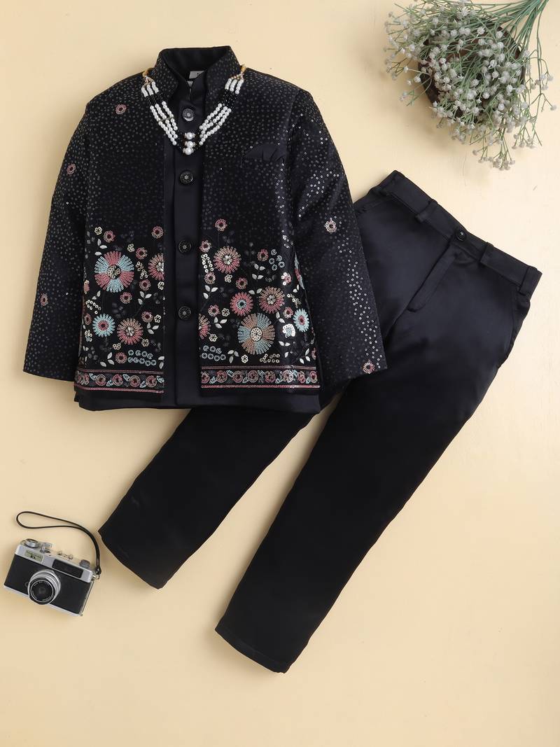 Boys black satin floral sequined embroidered sherwani & trouser set with waistcoat & necklace