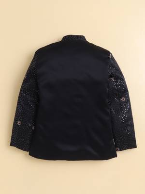 Boys black satin floral sequined embroidered sherwani & trouser set with waistcoat & necklace 2